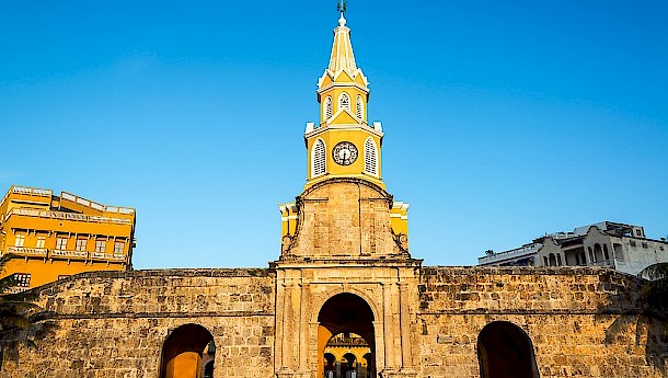 The historic clock tower gate is the main entrance into the old city of Cartagena. Photo: Jess Kraft | shutterstock.com